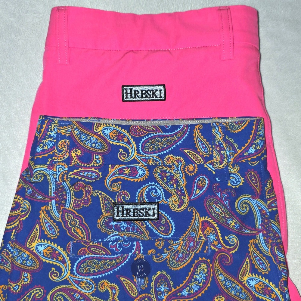 Lot of 2 Hreski Mens Golf Shorts Pink Blue Paisley Performance Stretch Size 32
